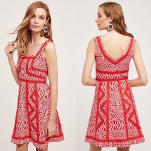 Anthropologie Maeve Red & White Tribal Print Crochet Lace Fit & Flare Dress